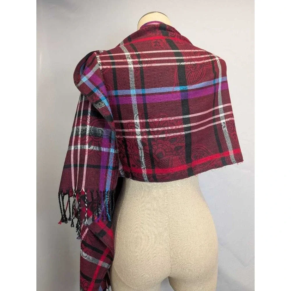 Burgundy Plaid Paisley Scarf‎ Wrap Shawl - Warm Fashion Accessory